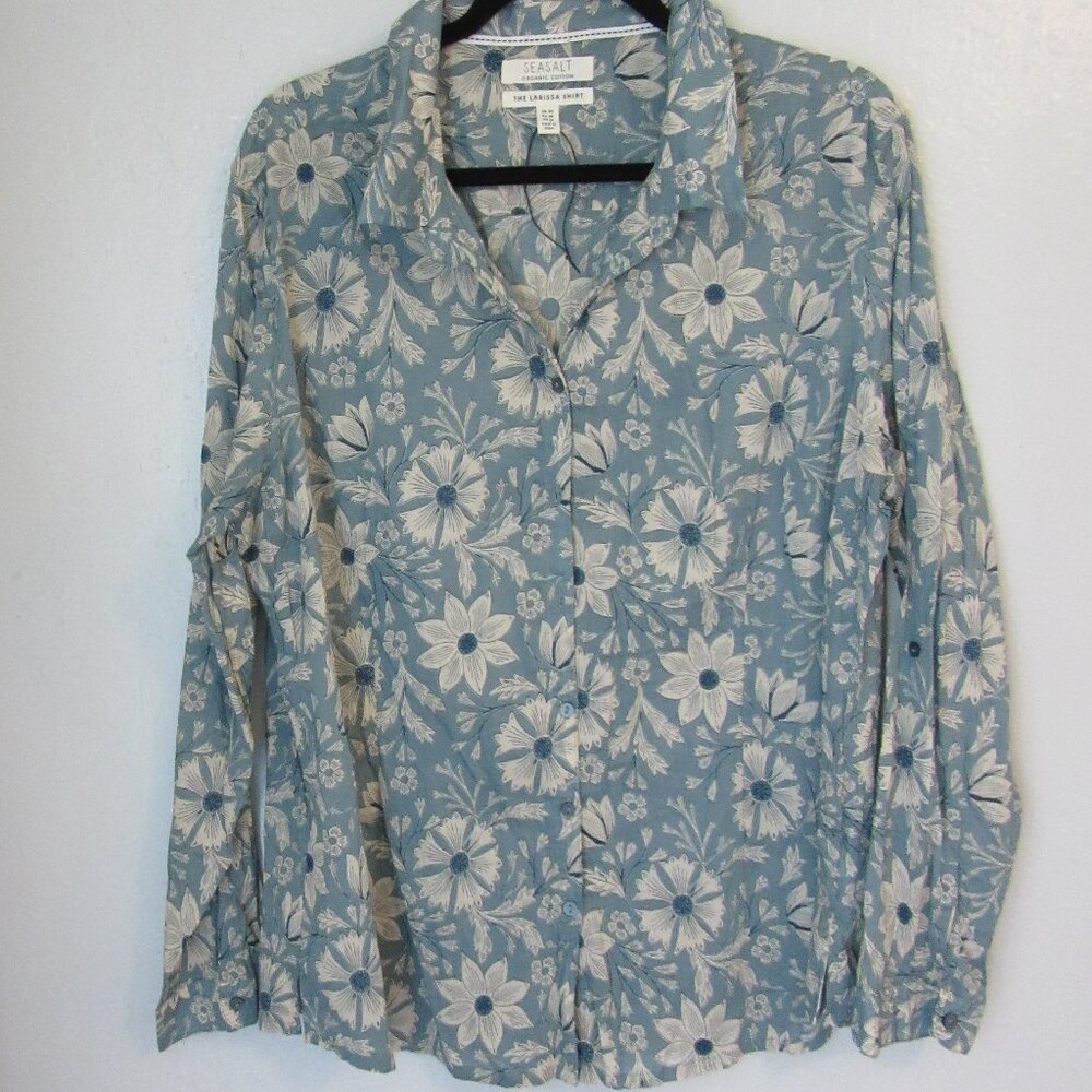 SEA SALT Blue Floral Button The Larissa Shirt 16 Long Sleeve Organic Cotton NWOT